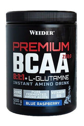 Weider Premium BCAA Zero 8:1:1 + L-Glutamine powder in Blue Raspberry flavor for muscle recovery.